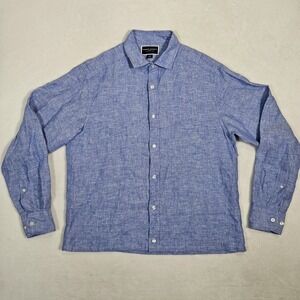 Charles Tyrwhitt Men's Linen Shirt Classic Fit Med Blue Long Sleeve Button Down‎